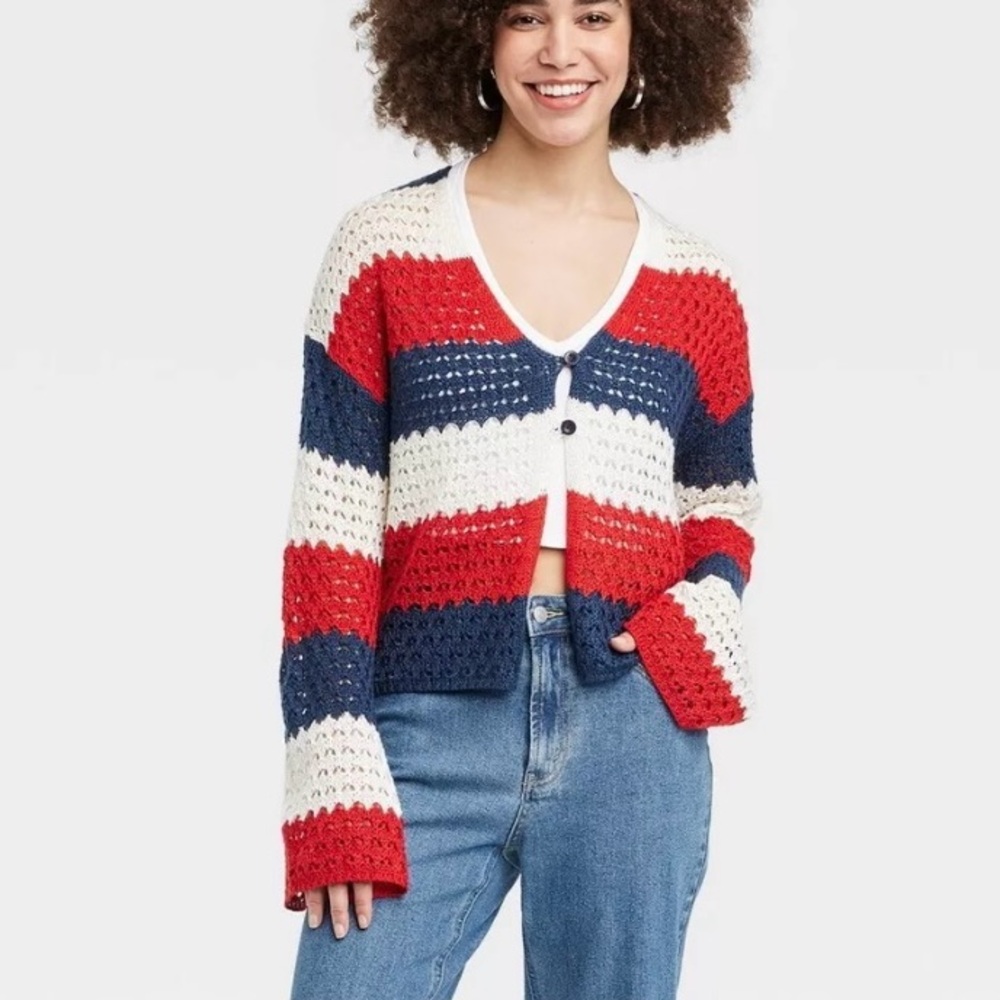 33 Degrees Crochet Cardigan size small Red, White and Blue sweater